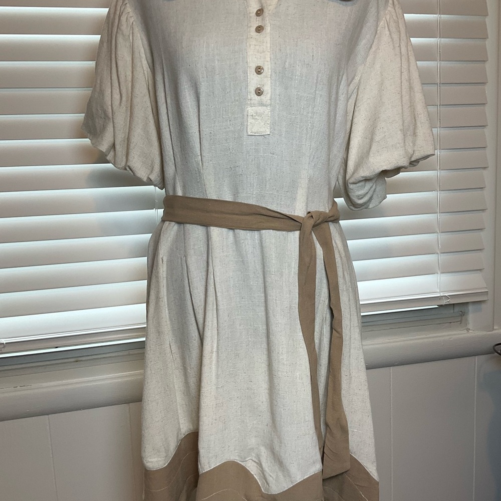 Umgee Cream Midi Dress with Tan Waist Tie and Hem